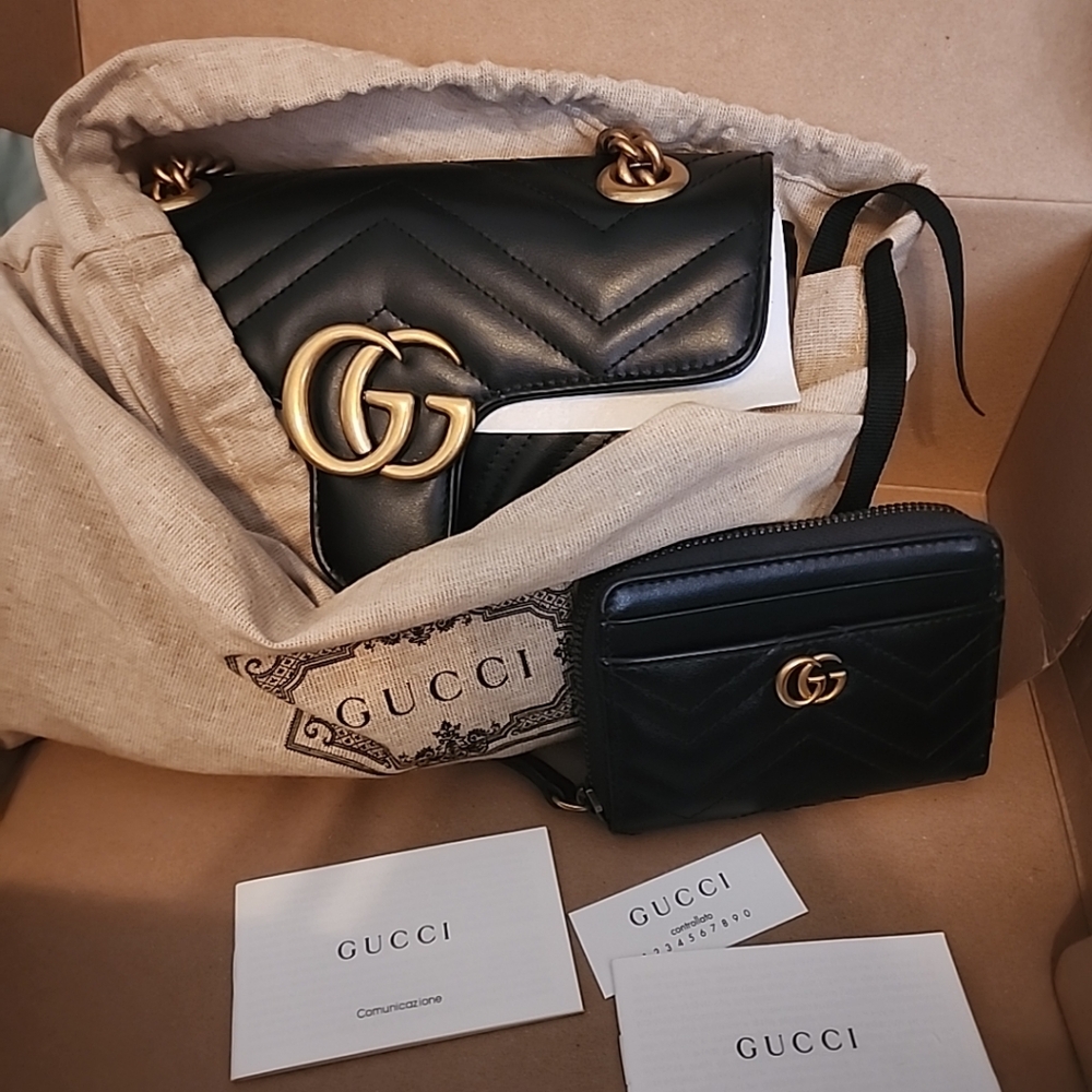 SOLD NWT Authentic Gucci GG Marmont 2 Bag Purse Leather Quilted Black Gold